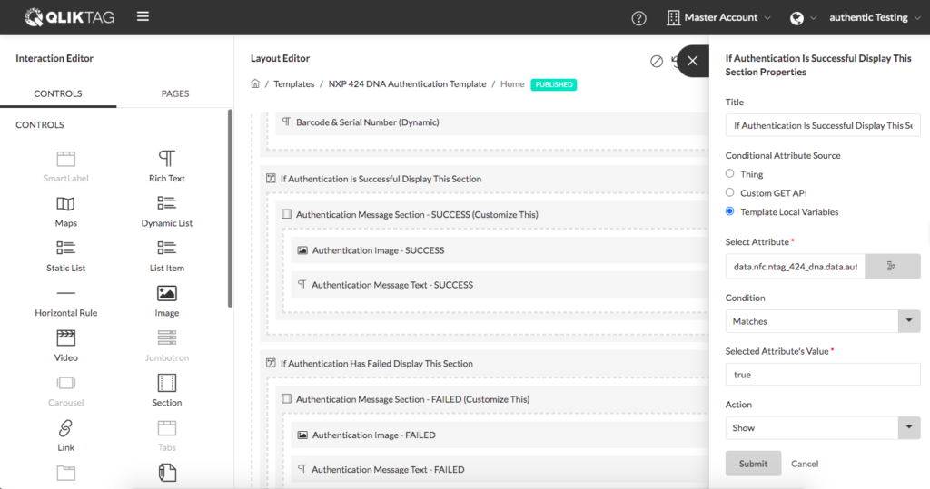 NTAG 424 DNA Authentication Condition Section in Template Design